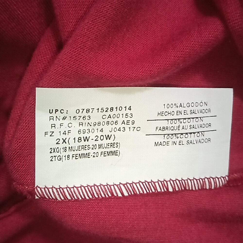 Just My Size Top Sz Plus 2X Red Long Sleeve V Neck 100% Cotton Basic - Picture 4 of 5